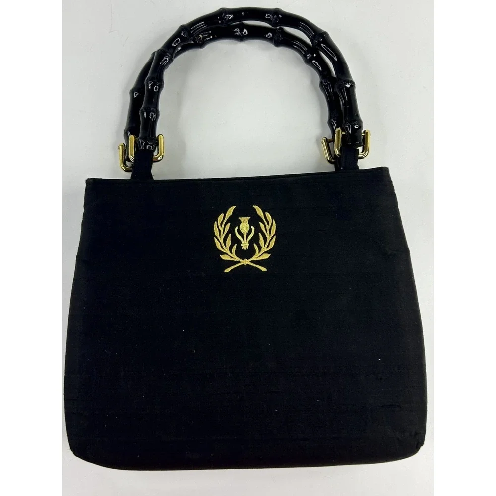 Vintage Mc Designs by Marjorie Purse Black Raw Silk Bamboo Handles Thistle Crest